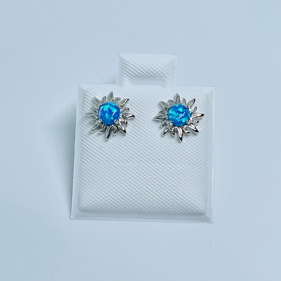 Sterling Silver Blue Lab Opal Blazing Sun Earrings, Silver Stud Earring, Sunny - Picture 13 of 13